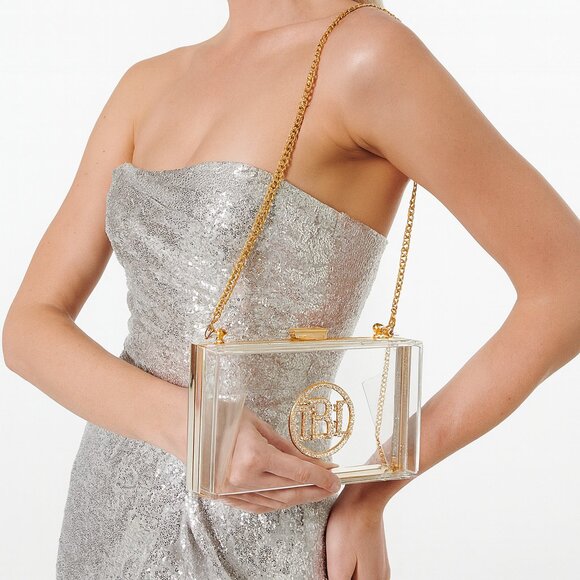 Badgley Mischka Clear Acrylic Gold Tone Formal Structured Bag Removable Chain - Picture 1 of 8
